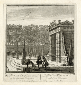 135974 Gezicht op de poort met watertrappen bij de grote vijver in de tuin van de buitenplaats Heemstede te Houten.